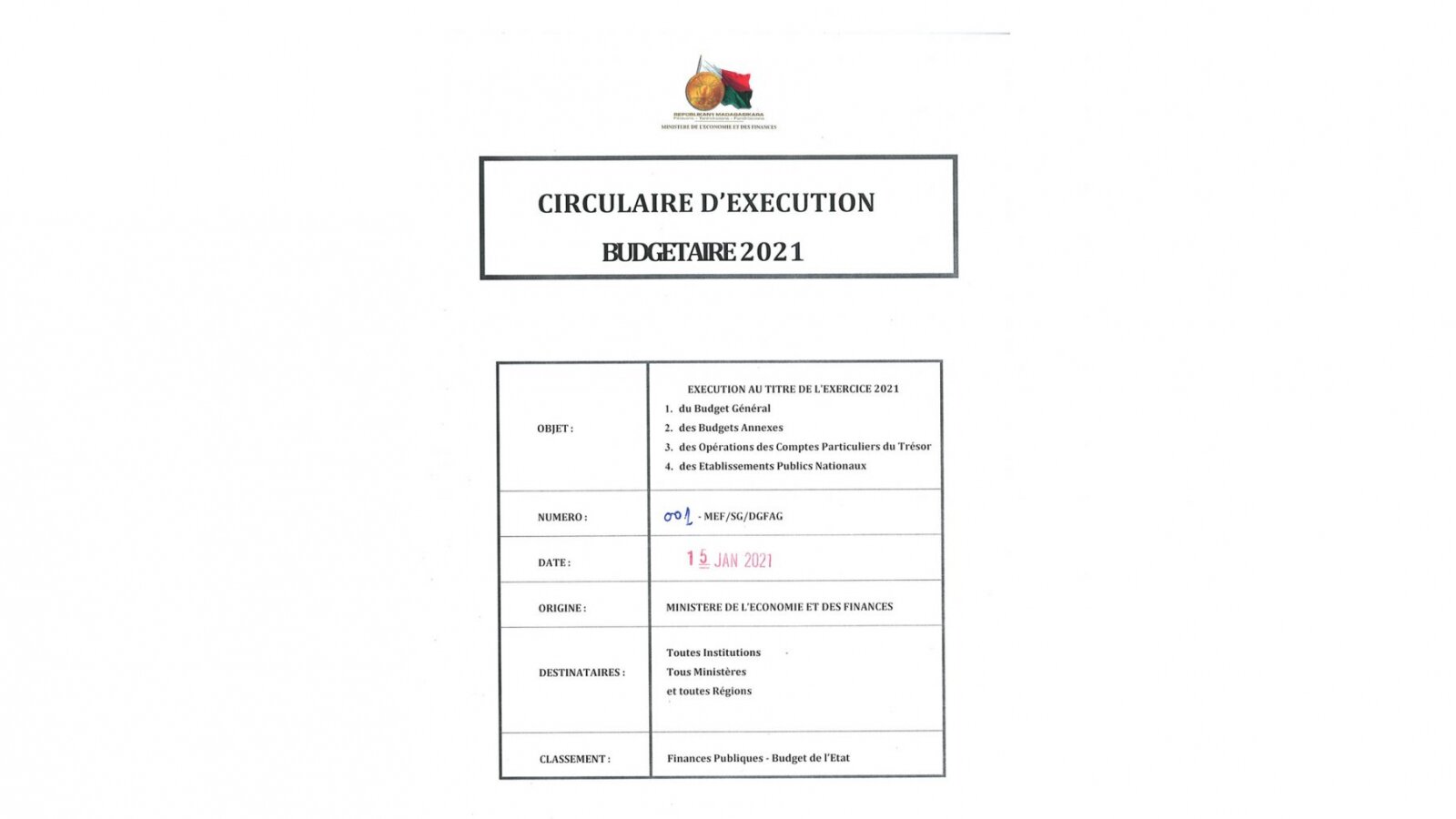 001-MEF_SG_DGFAG - CIRCULAIRE D'EXECUTION BUDGETAIRE 2021